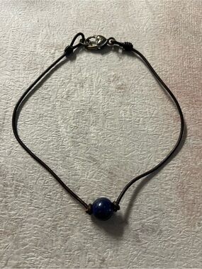 Handmade dark brown Leather Necklace with Navy Blue Stone bead. Choker style